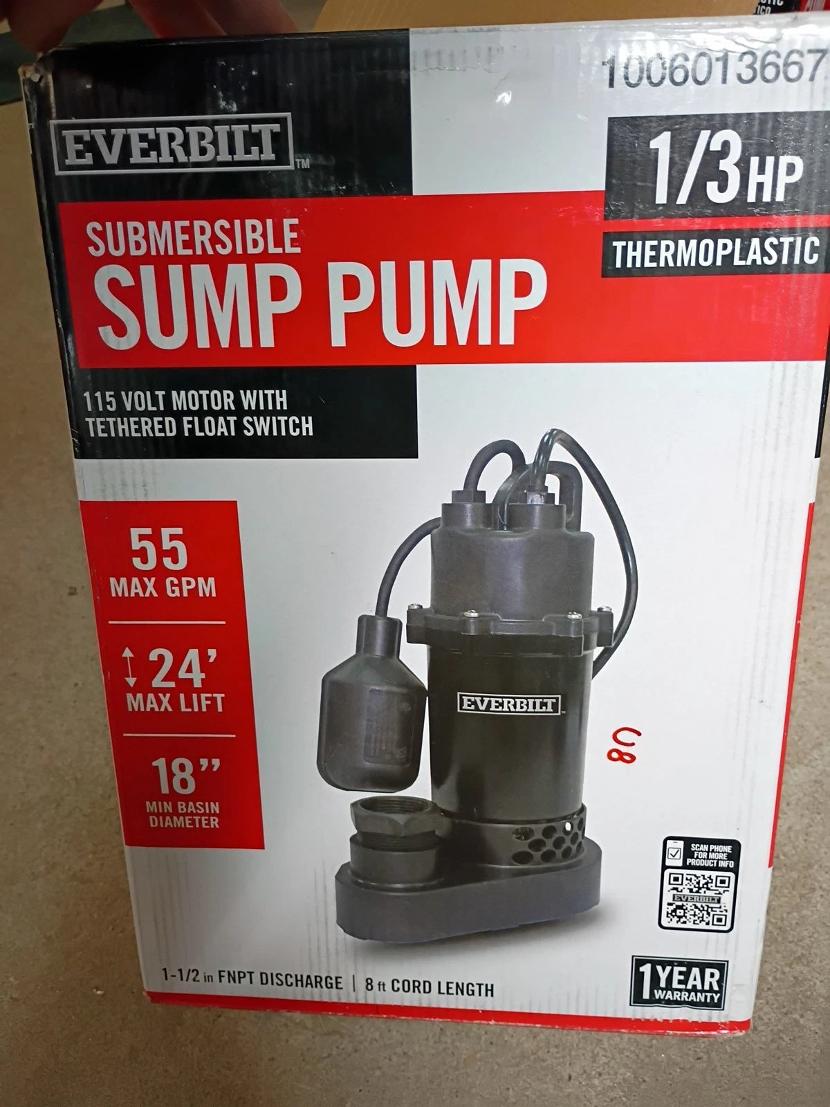 Everbilt HDSP33W 1/3 HP Corrosion Resistant Aluminum Sump Pump Tether Switch, OB