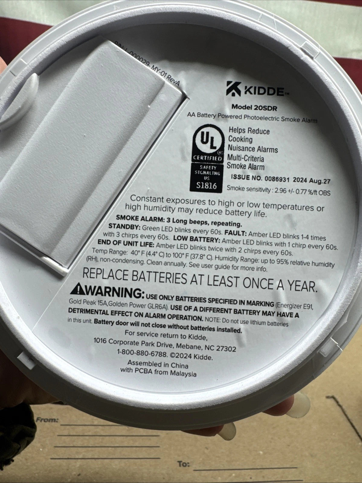 KIDDE 20SDR Photoelectric. Smoke Alarm AA Battery Powered LED Warning