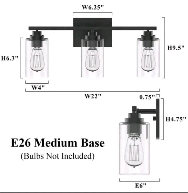 KAWOTI 22 in. 3-Light Black Vanity Light with Clear Glass Shade Open Box