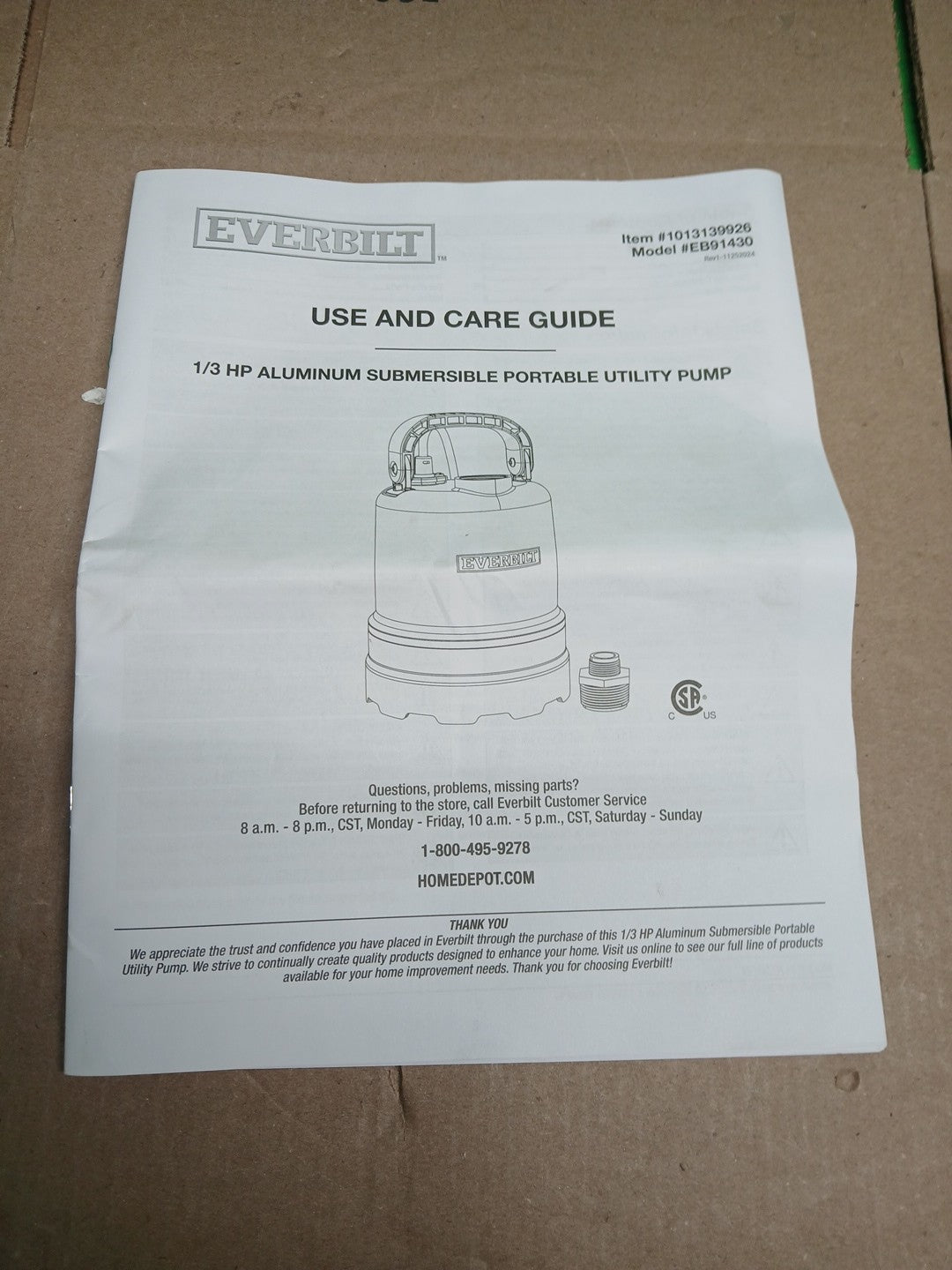 Everbilt 1/3 HP Submersible Aluminum Utility Pump USED
