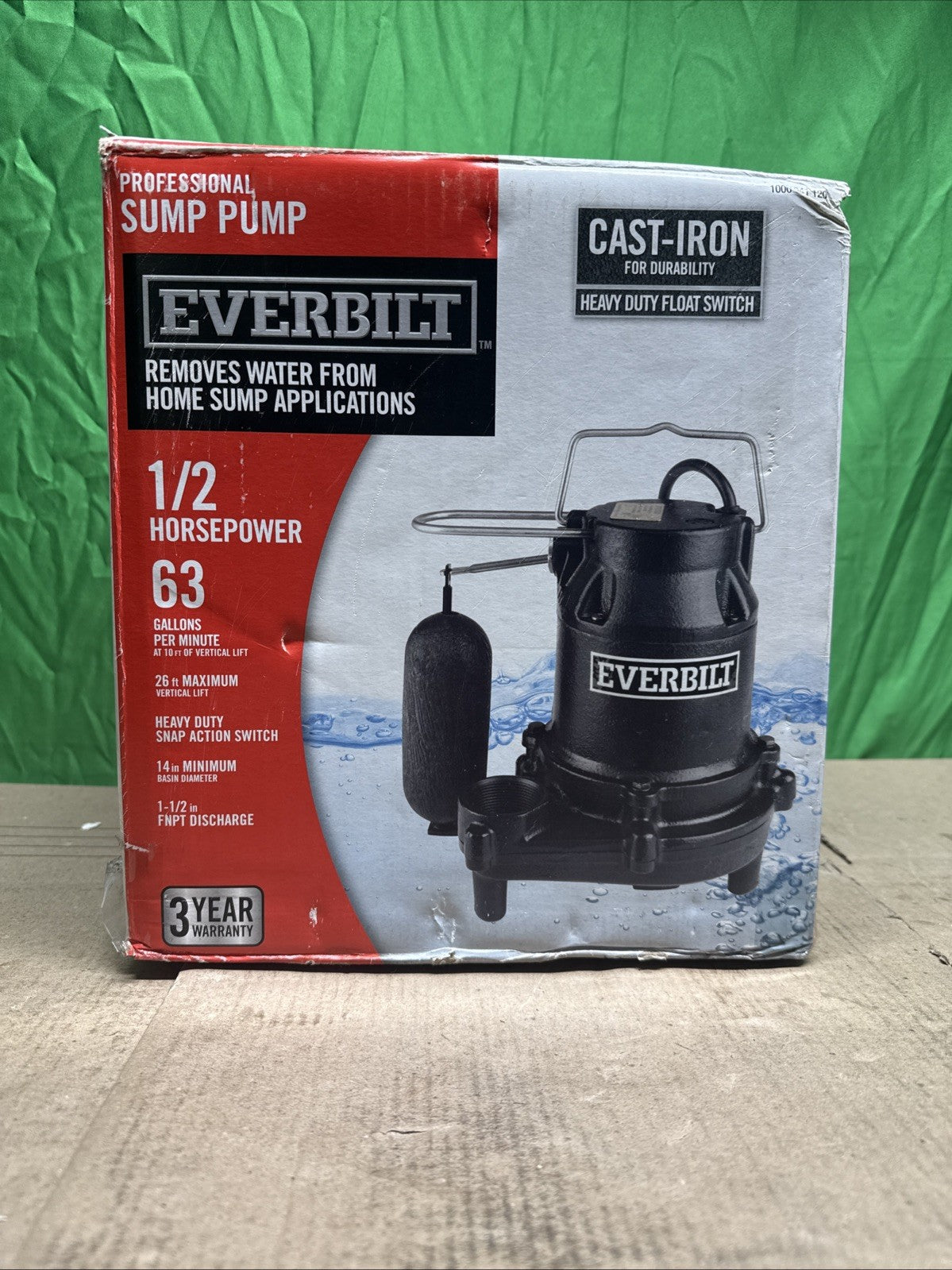 Everbilt 1/2 HP Cast Iron Sump Pump Model # HDS50 USED.