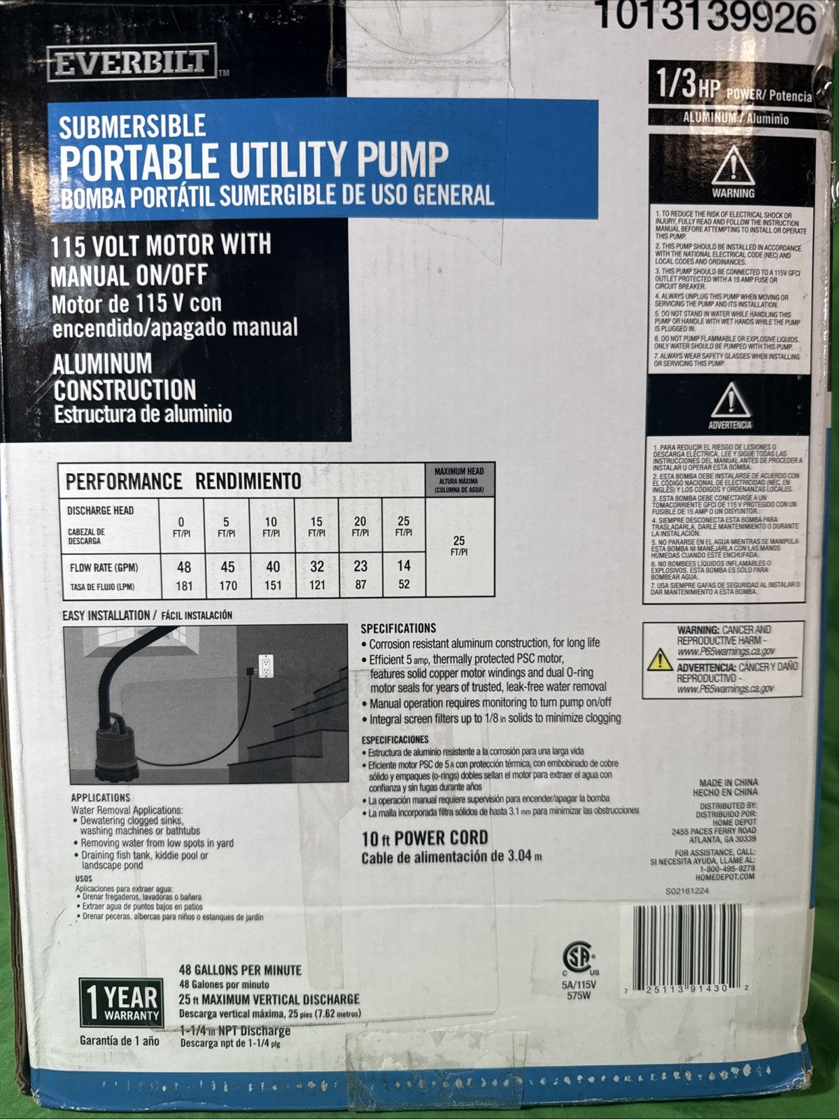 Everbilt 1/3 HP Submersible Aluminum Utility Pump