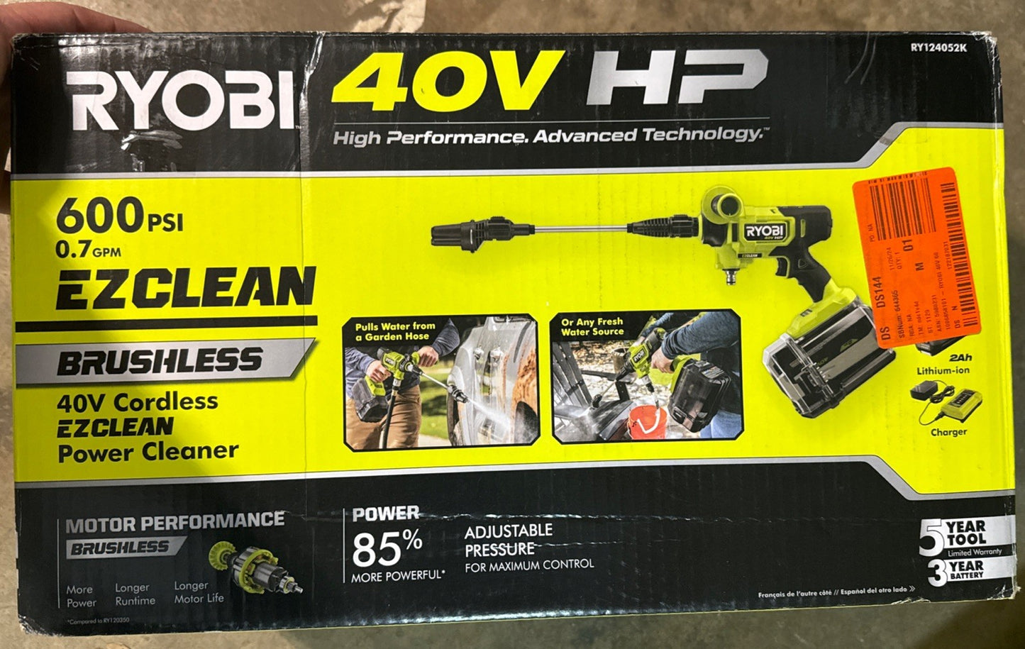 Ryobi 40V HP Brushless EZClean 600 PSI Power Cleaner (Tool-Only) RY124052k NewOB