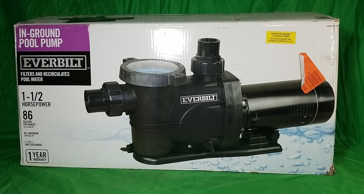 Everbilt Pool Pump Fan-Cooled Motor 1.5 HP 230V Has Unions.*
