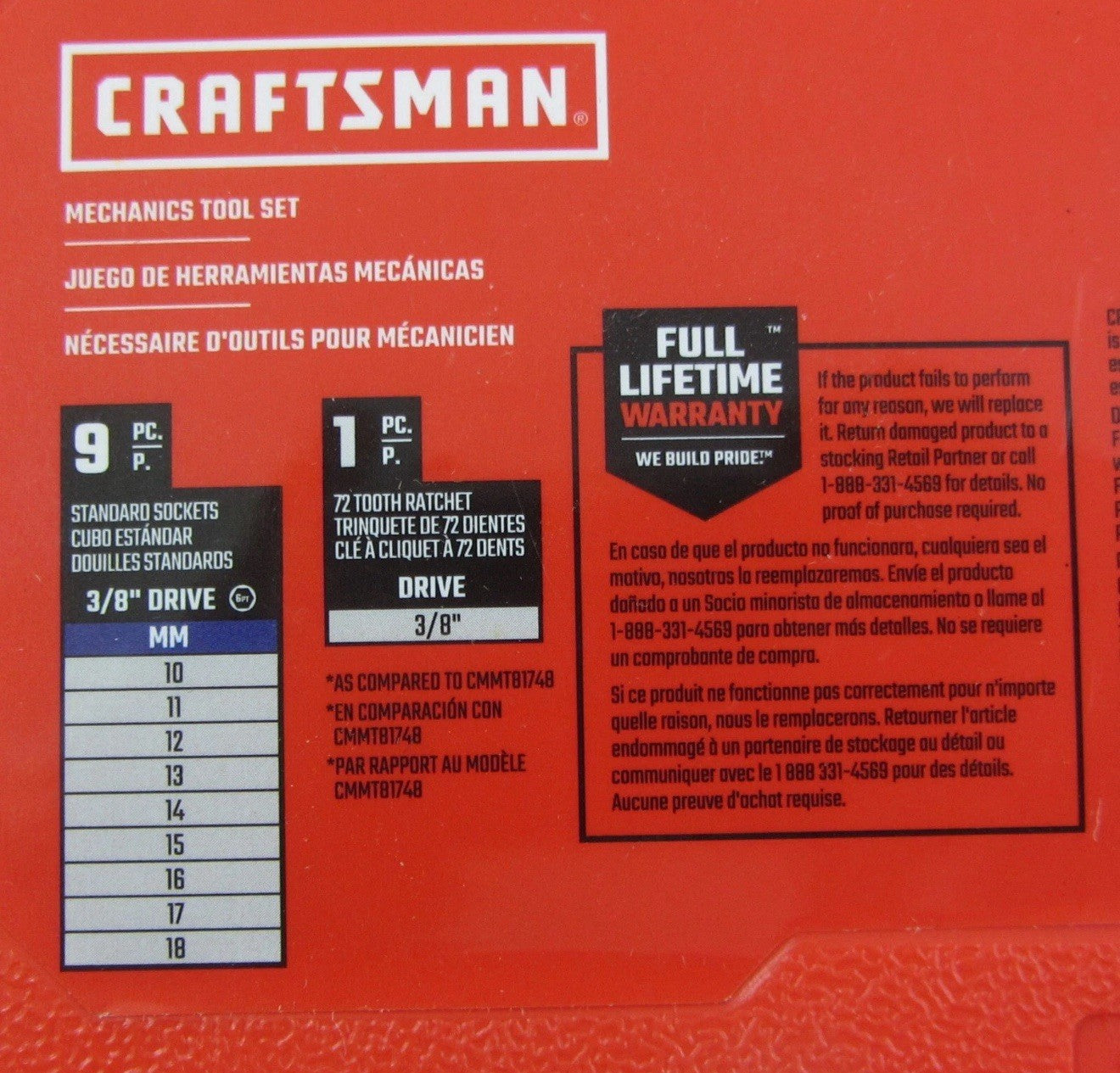 CRAFTSMAN 10 Pc 3/8" Metric 6 Pt. Mechanics Socket & Ratchet Set with Hard Case