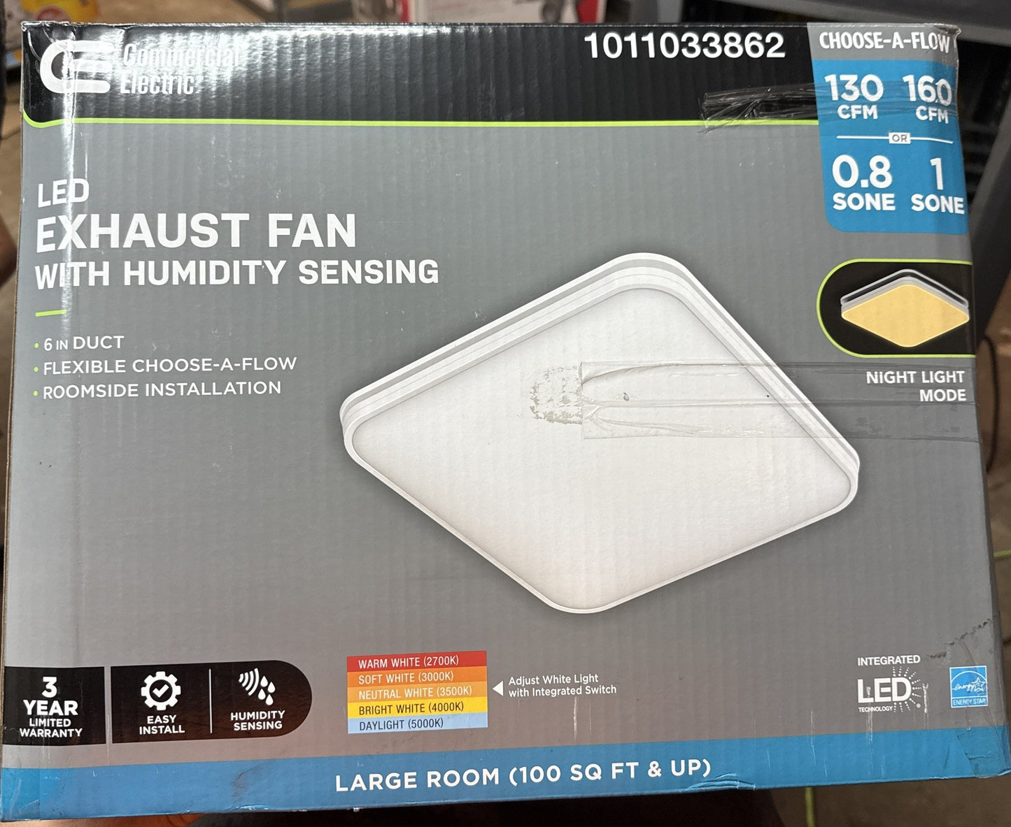 130 /160 CFM Ceiling Mount Room Side Installation Square Bathroom Exhaust Fan