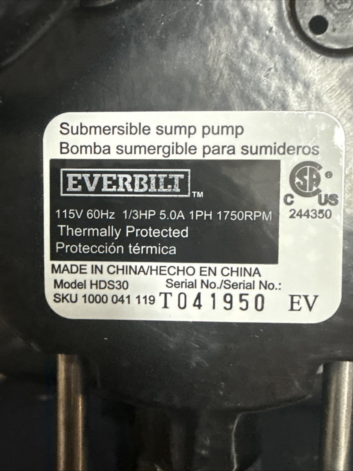 Everbilt 1/3 HP Cast Iron Submersible Sump Pump