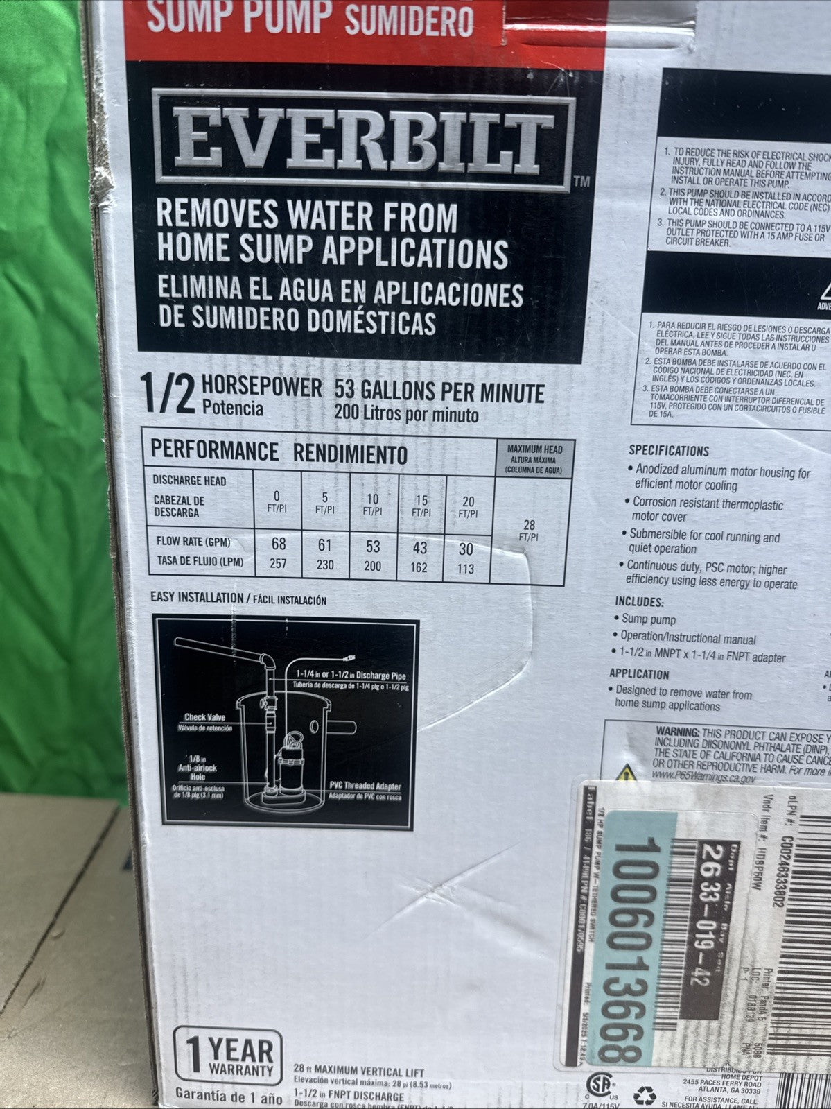 Everbilt HDSP50W 1/2 HP Submersible Aluminum Sump Pump with Tethered Switch