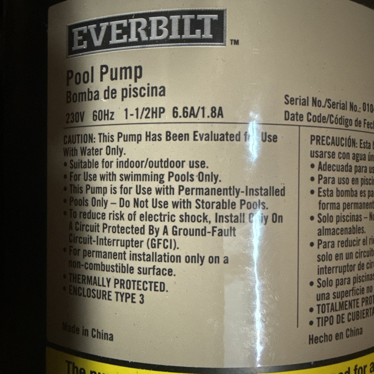 Everbilt 1.5 HP 2-Speed Pool Pump 230-Volt SPP15002-2SP *no unions*