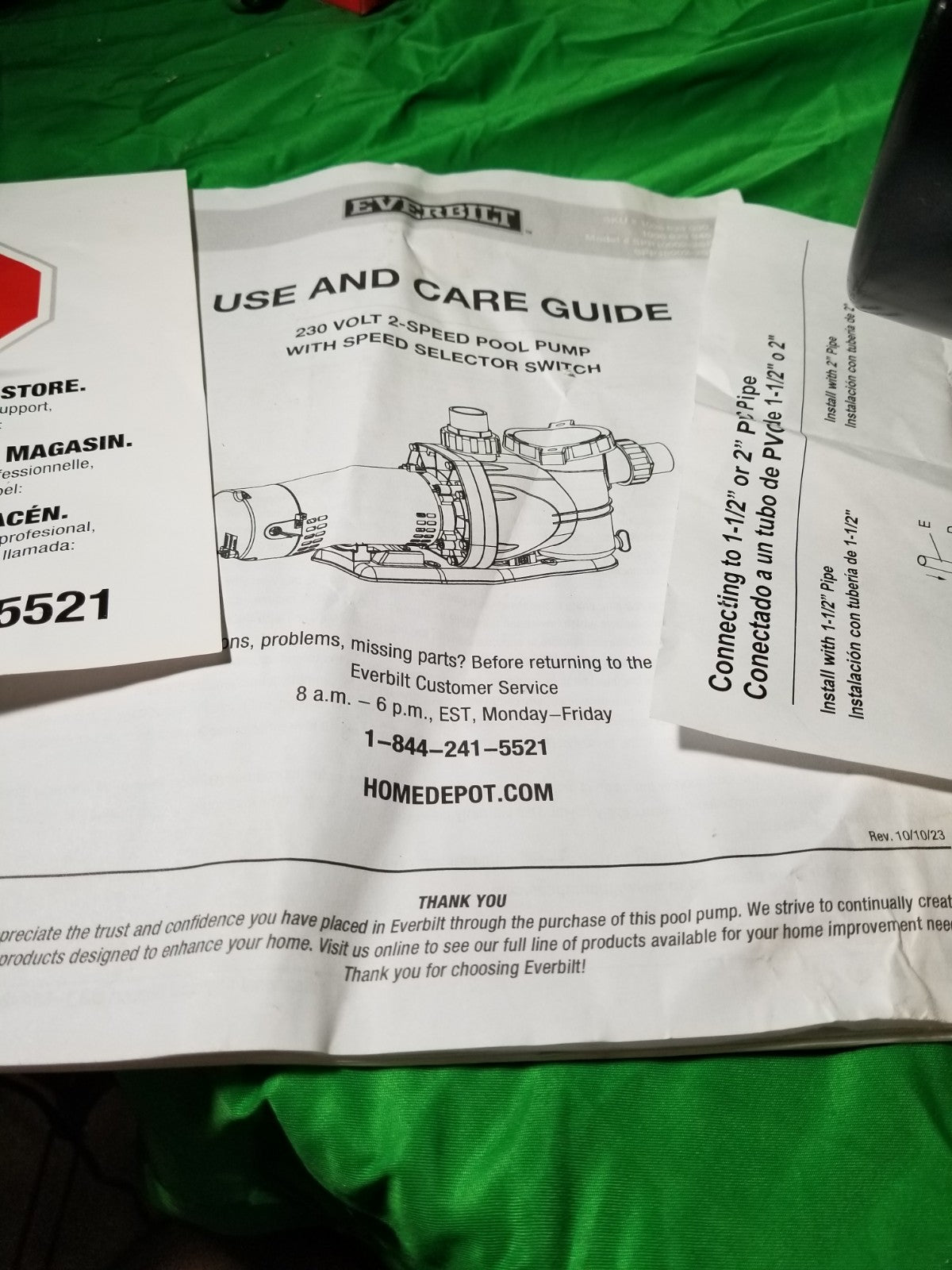 Everbilt Pool Pump Fan-Cooled Motor 1.5 HP 230V NEW OB Has Unions.....