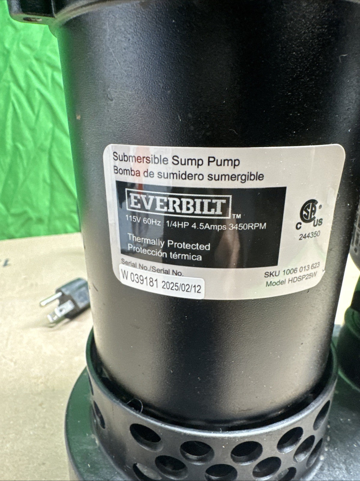 Everbilt 1/3 HP Corrosion Resistant Aluminum Sump Pump w/ Tether Switch USED.