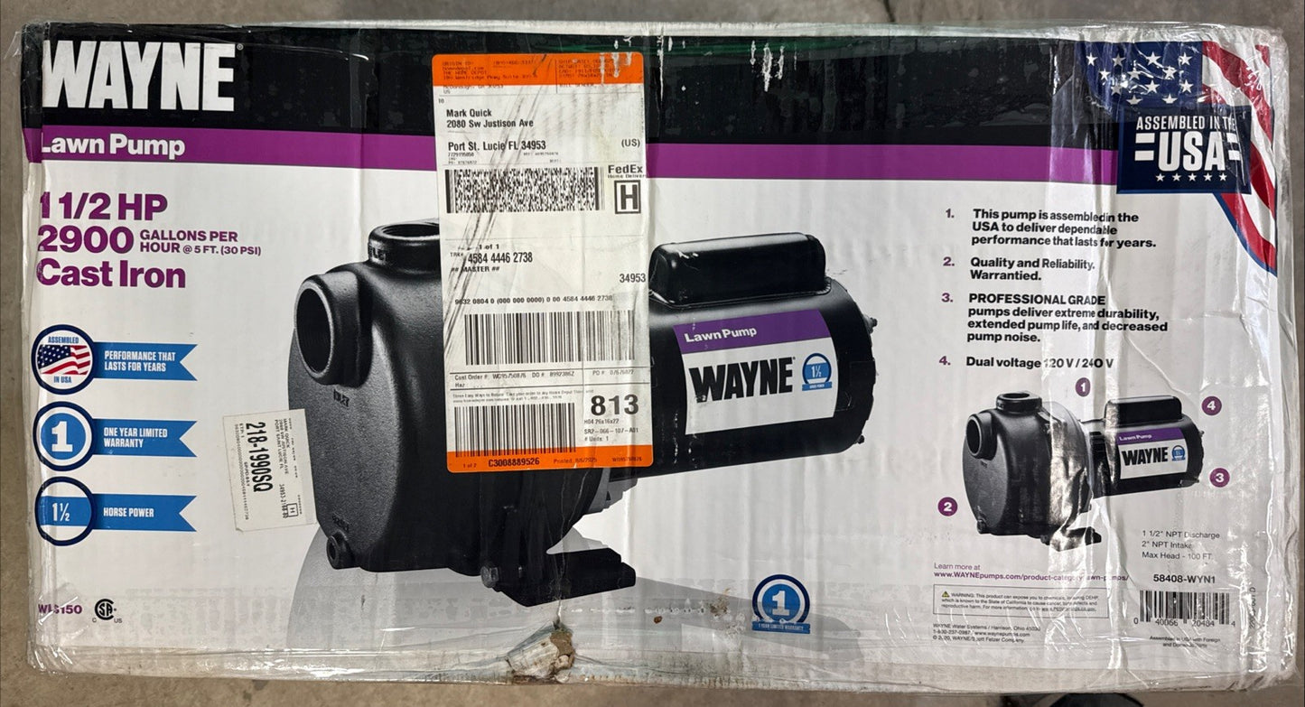 Wayne 1-1/2 HP Cast Iron Quick-Prime Lawn-Sprinkler Pump. NOB