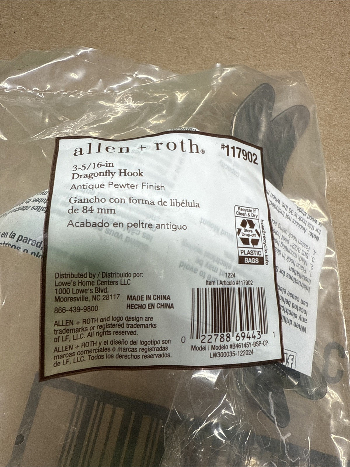 5-Pack Allen + Roth Dragonfly Single Wall Hooks 1-prong Towel Or Coat Hook