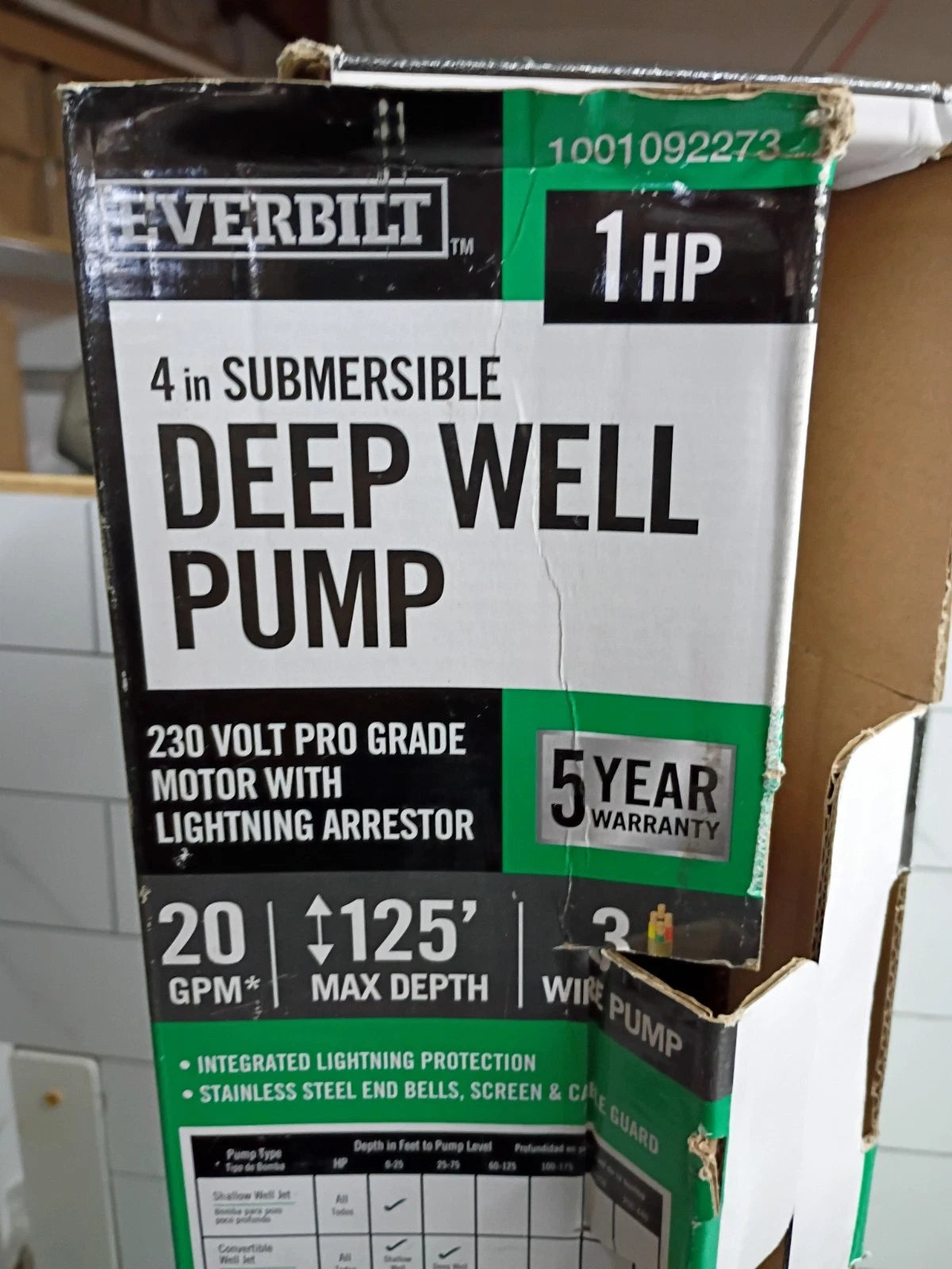 Everbilt 1HP Submersible 3-Wire 20GPM Well Pump HDSUB10-203 NEW OPEN BOX.