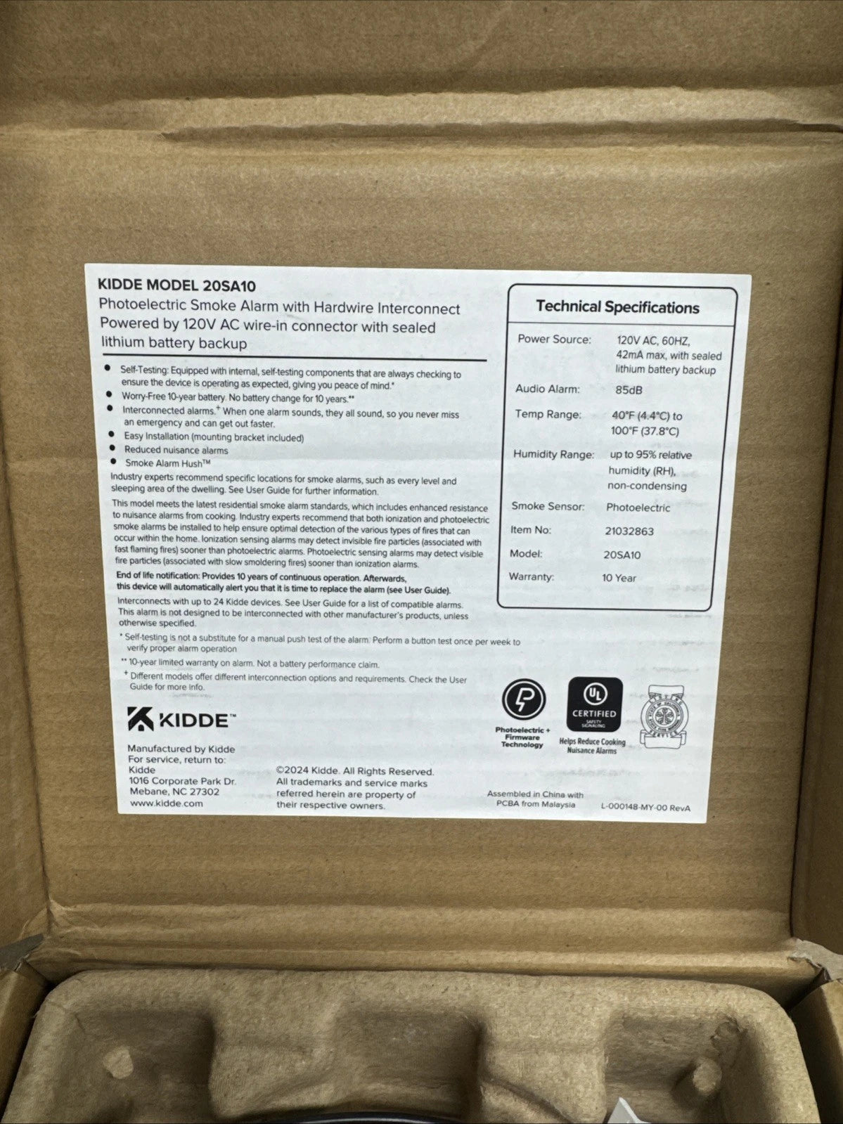 Kidde 20SA10 Hardwired Smoke Detector, 10-Year Battery, Interconnectable