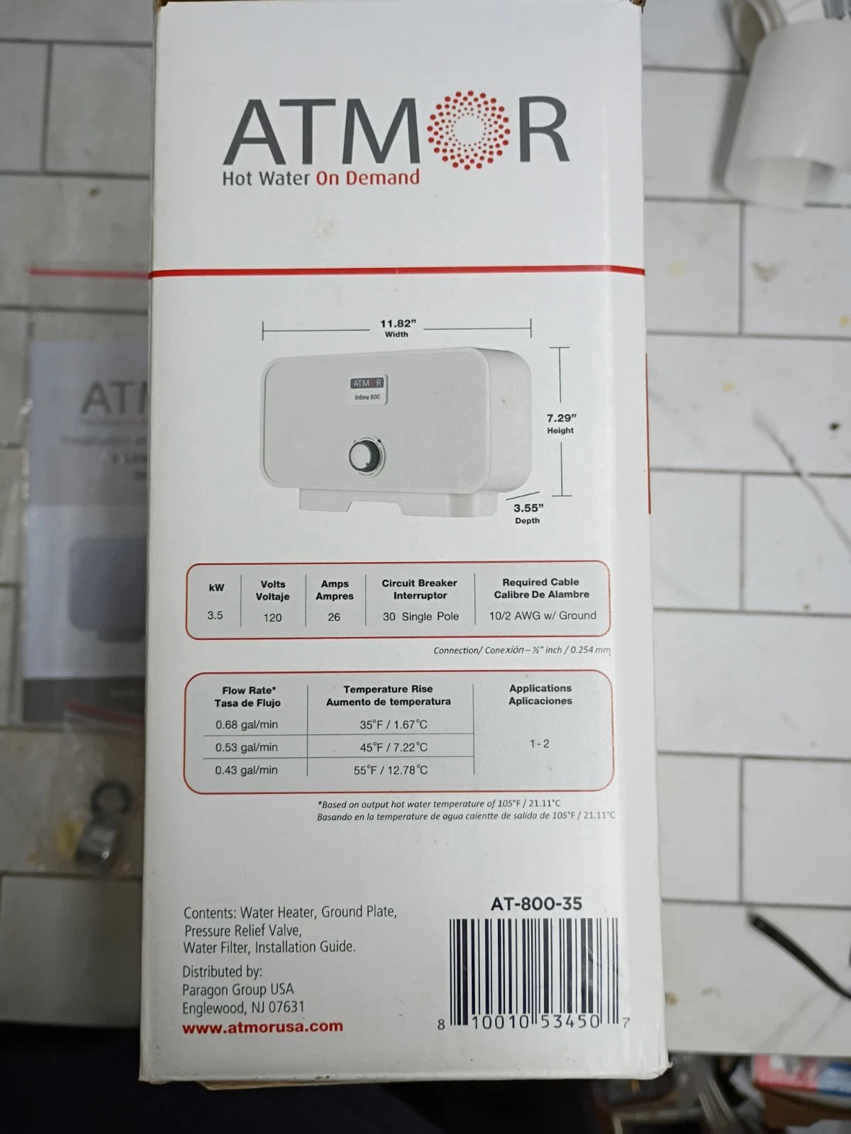 ATMOR AT-800-35: 3.5kW Single Sink Electric Tankless Water Heater 120V 0.5GPM OB