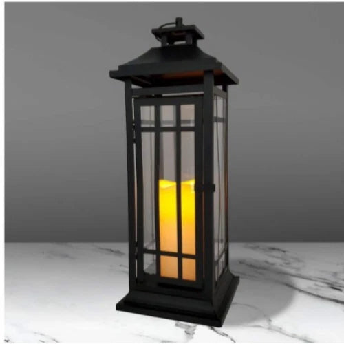 17in. Black Window Battery Operated Metal Lantern With Led Candle Open Box