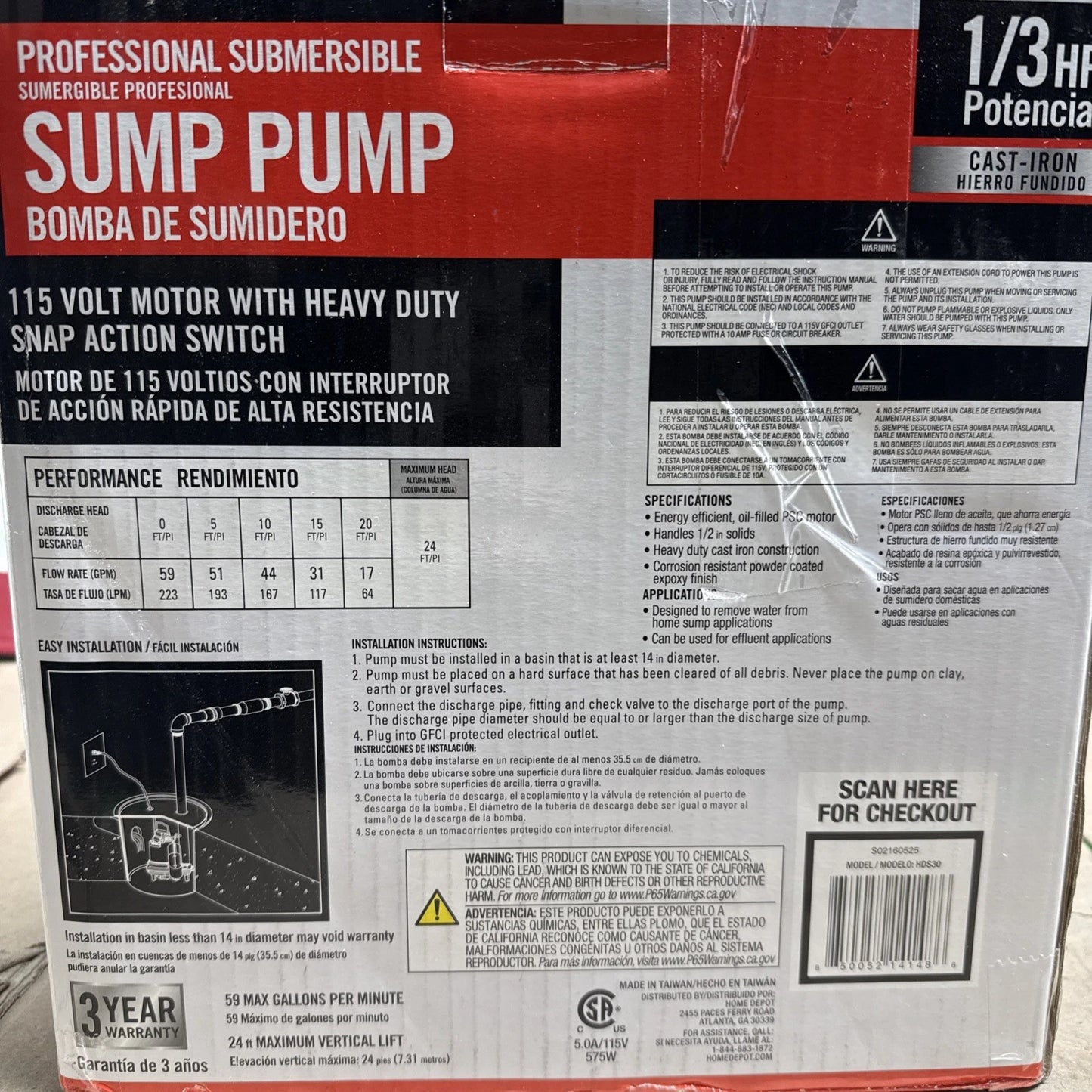 Everbilt 1/3 HP Cast Iron Submersible Sump Pump HDS30 NEW OB