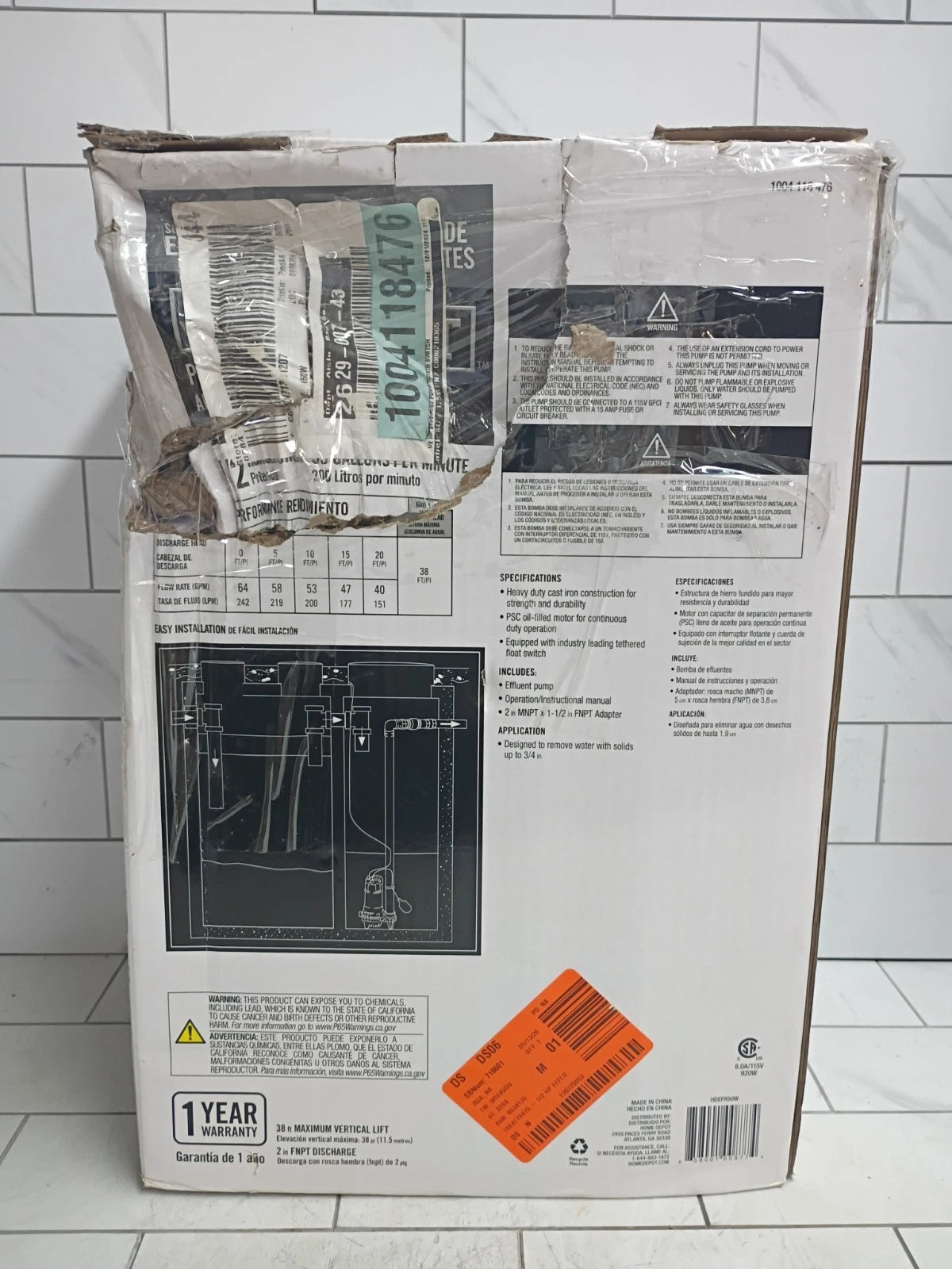 Everbilt HDEFR50W 1/2 HP Effluent Pump, Open Box,