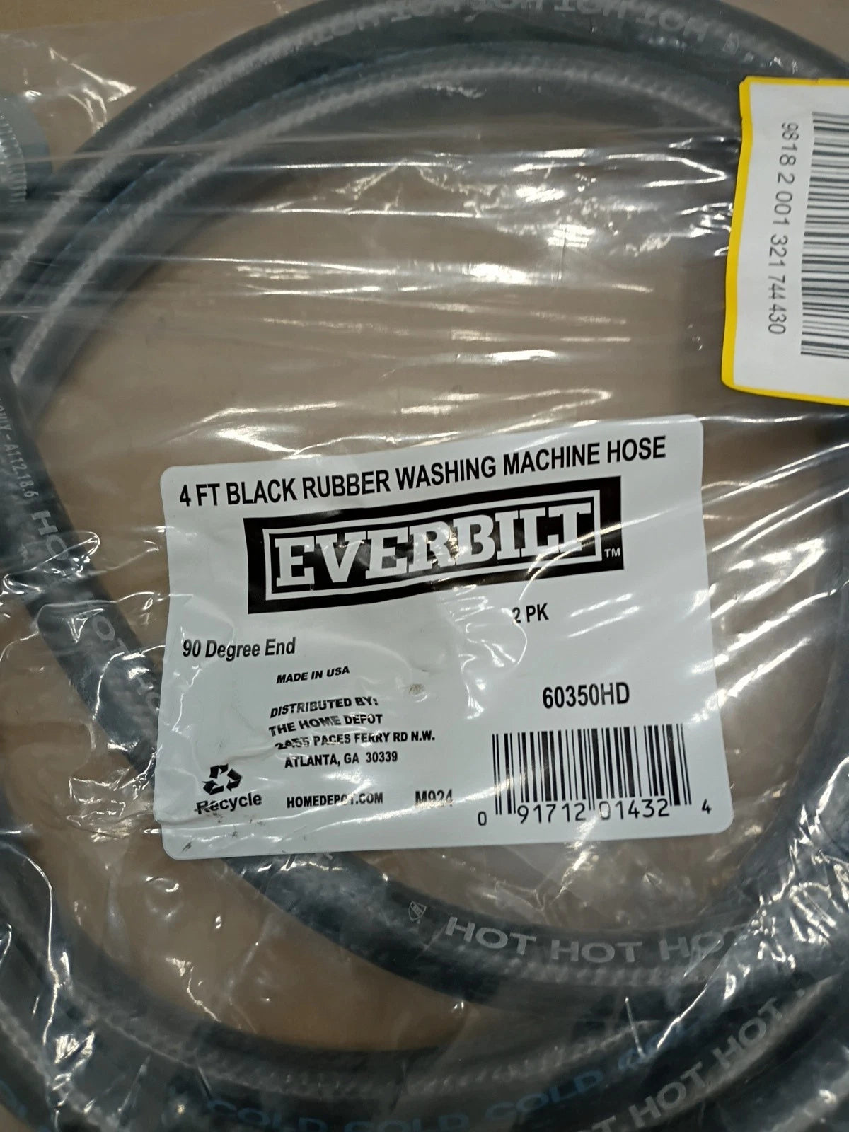 6pck Everbilt 60350HD Washing Machine Connector w/ 90-Deg Elbow Black Rubber 4'