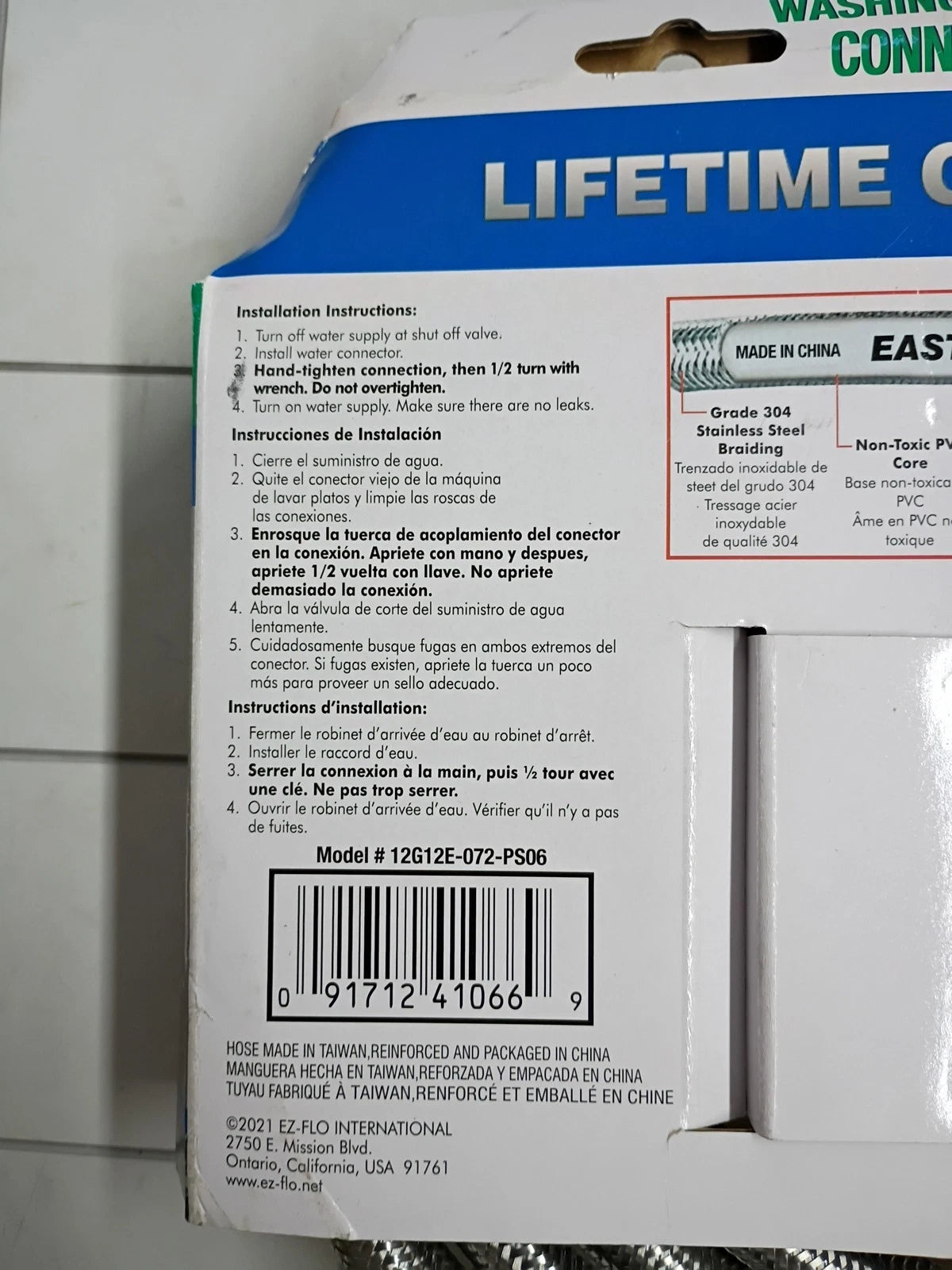 Eastman Washing Machine Connectors, 3/4" FHT 6 Ft Stainless Steel New