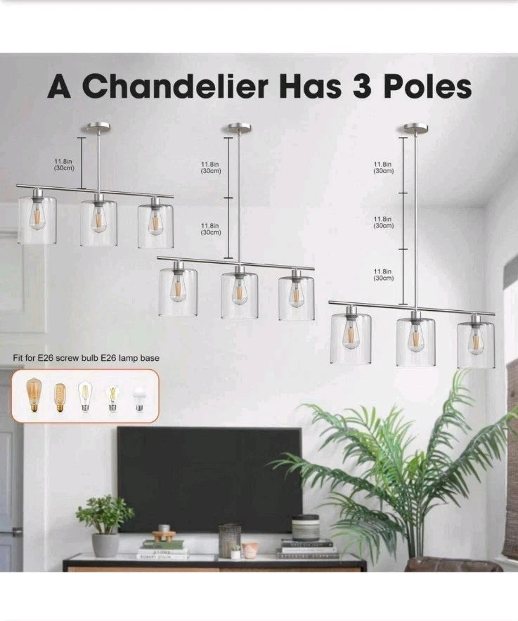 3 Light Modern Kitchen Island Pendant Light 5.5 Inch Clear Glass Brushed N