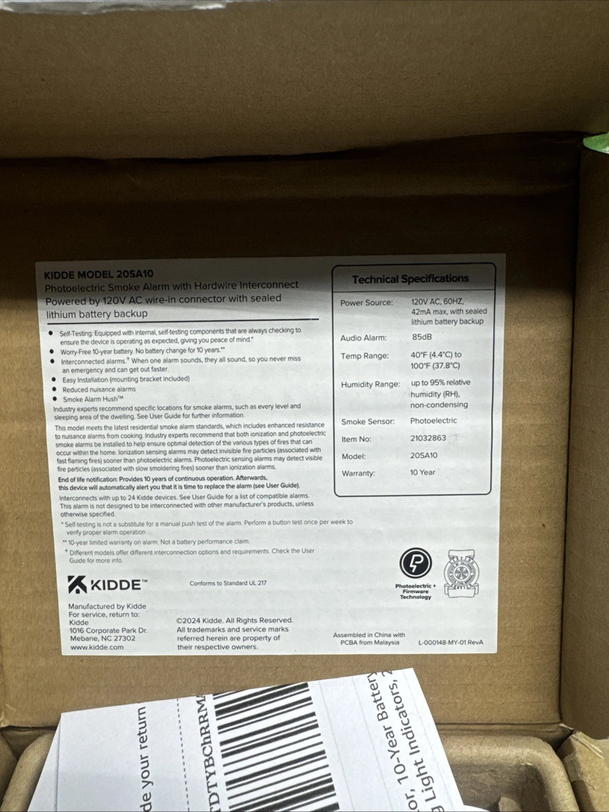 Kidde 20SA10 Hardwired Smoke Detector, 10-Year Battery, Interconnectable
