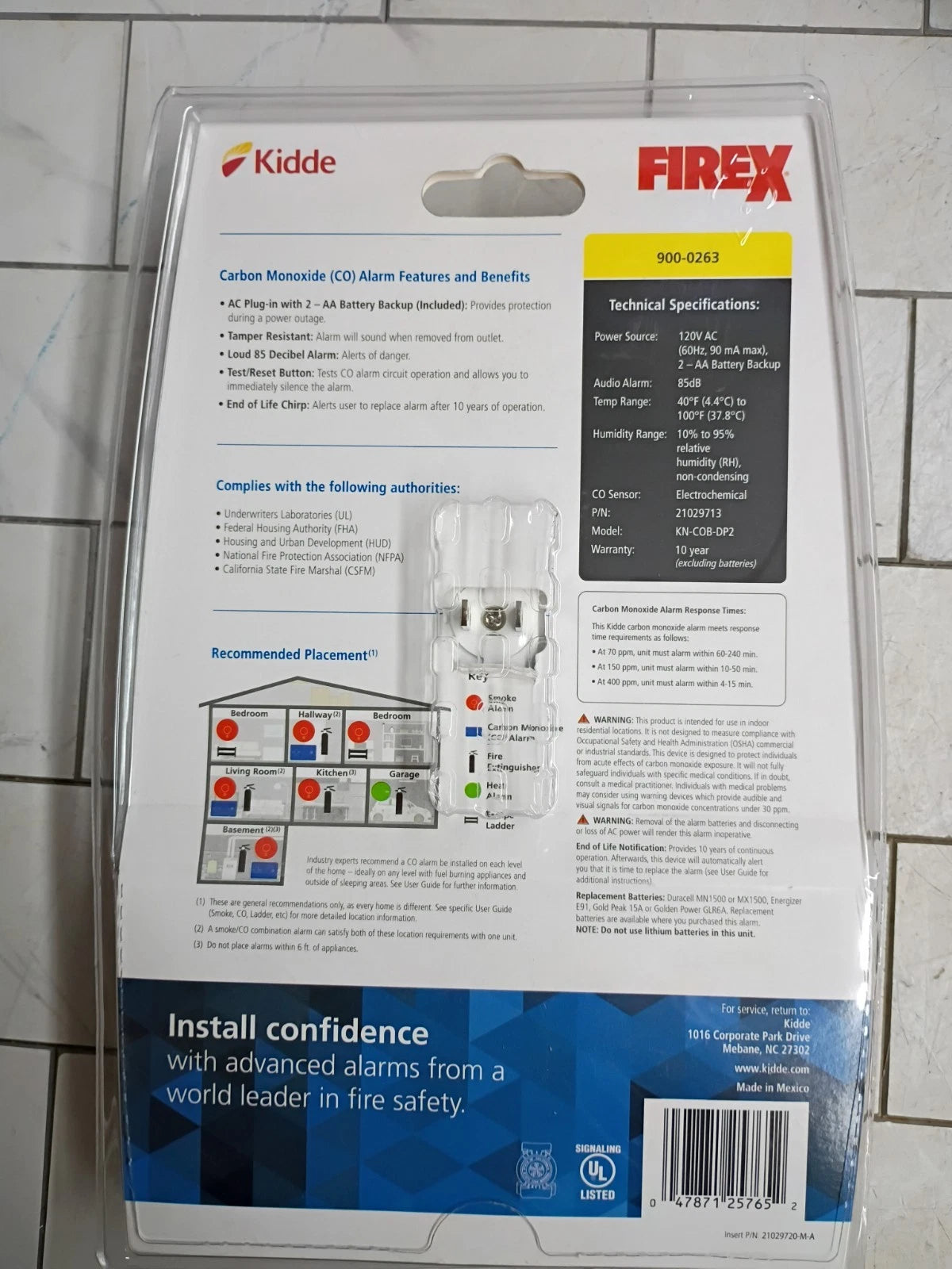 2pk Kidde Firex Plug-In Carbon Monoxide Detector, AA Battery Backup. New