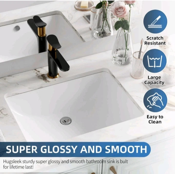 Hugsleek HUG-YS1813X 18x13 Undermount Bathroom Sink White Ceramic Rectangle Base