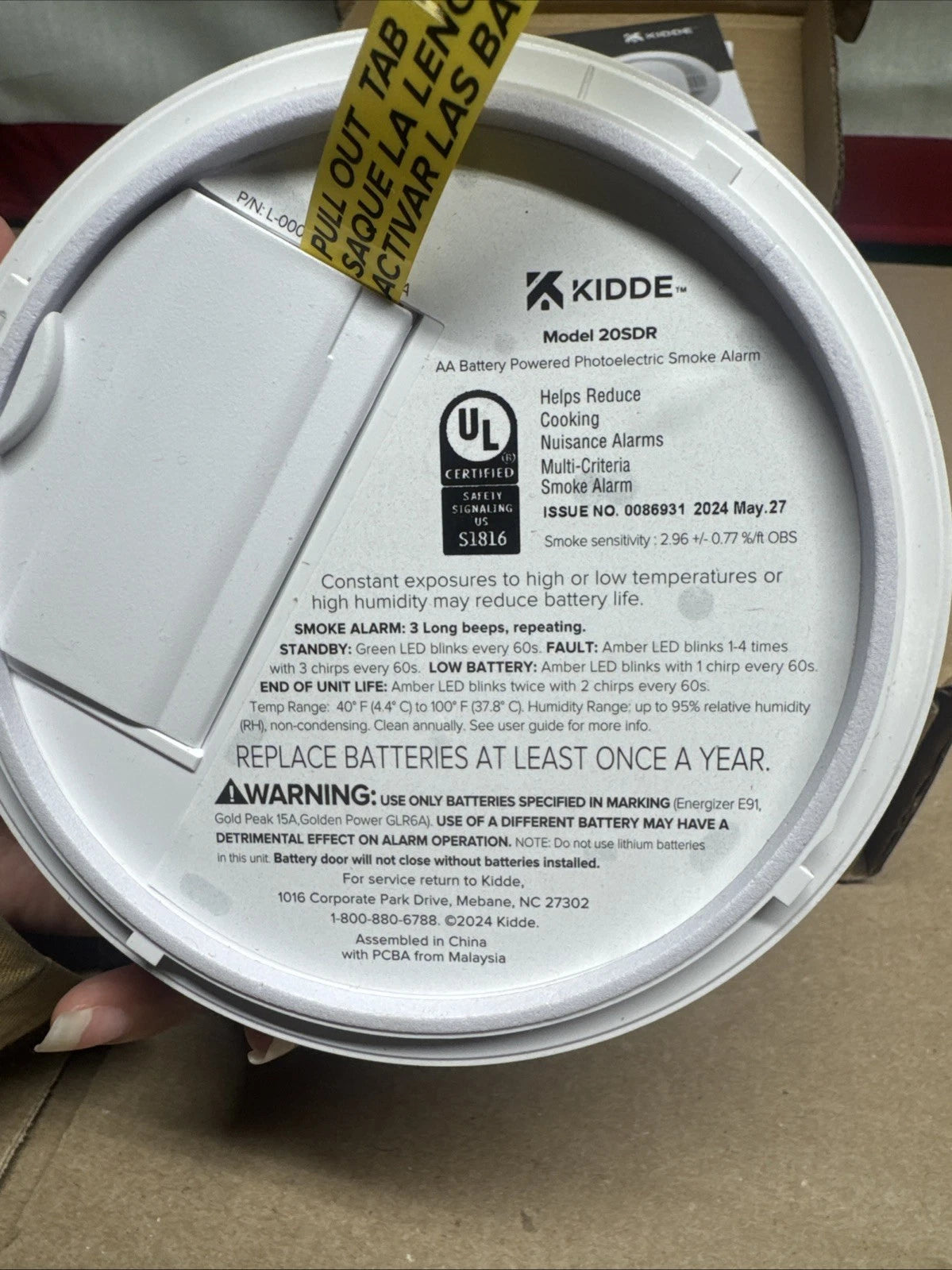 KIDDE 20SDR Photoelectric Smoke Alarm AA Battery Powered LED Warning.