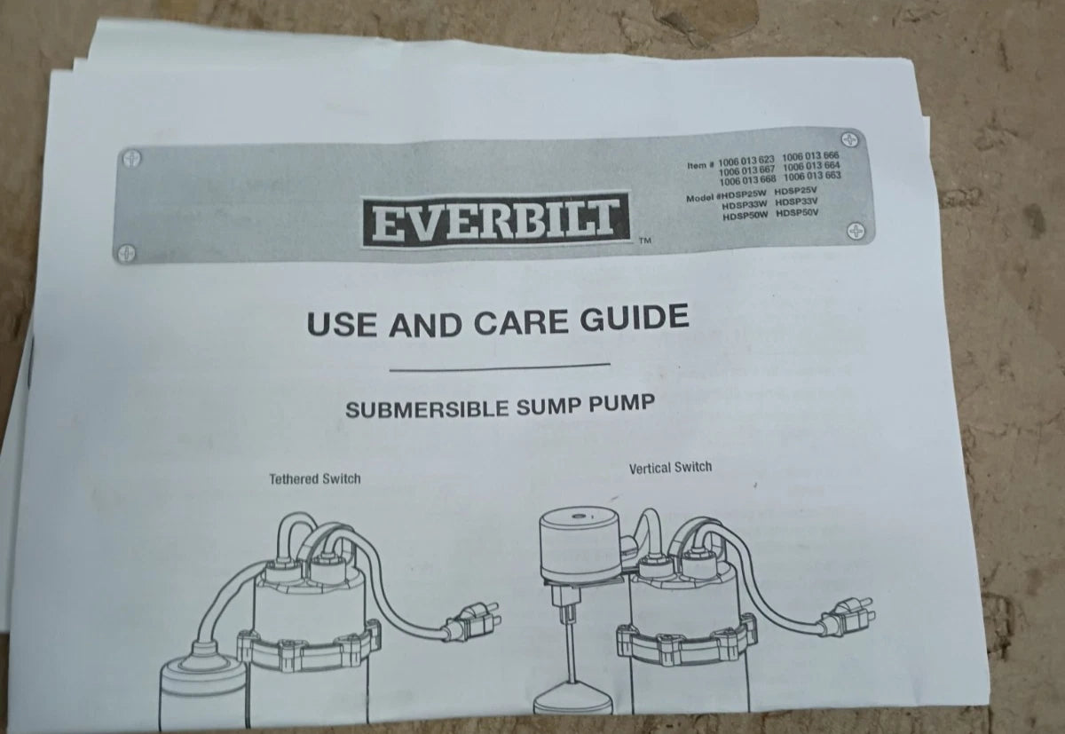 Everbilt 1/3 HP Corrosion Resistant Aluminum Sump Pump w/ Tether Switch OB.