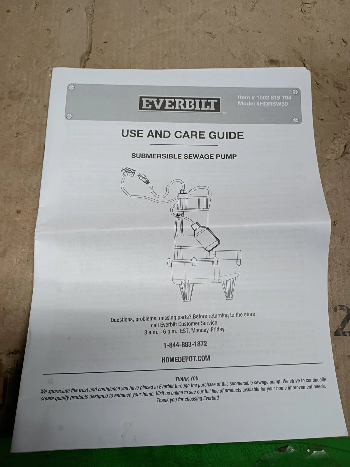 Everbilt (HDRSW50) 1/2 HP Submersible Sewage Ejector Pump Open Box,