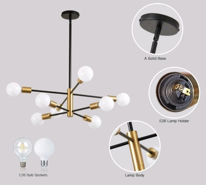 Sputnik Chandelier Black Gold Linear Ceiling Light 8-Light Kaisite KST-8006 OB
