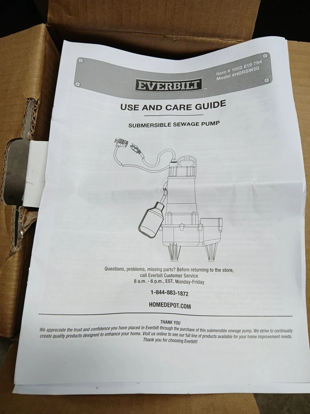 Everbilt 1/2 HP Submersible Sewage Ejector Pump (HDRSW50) with Tethered Switch