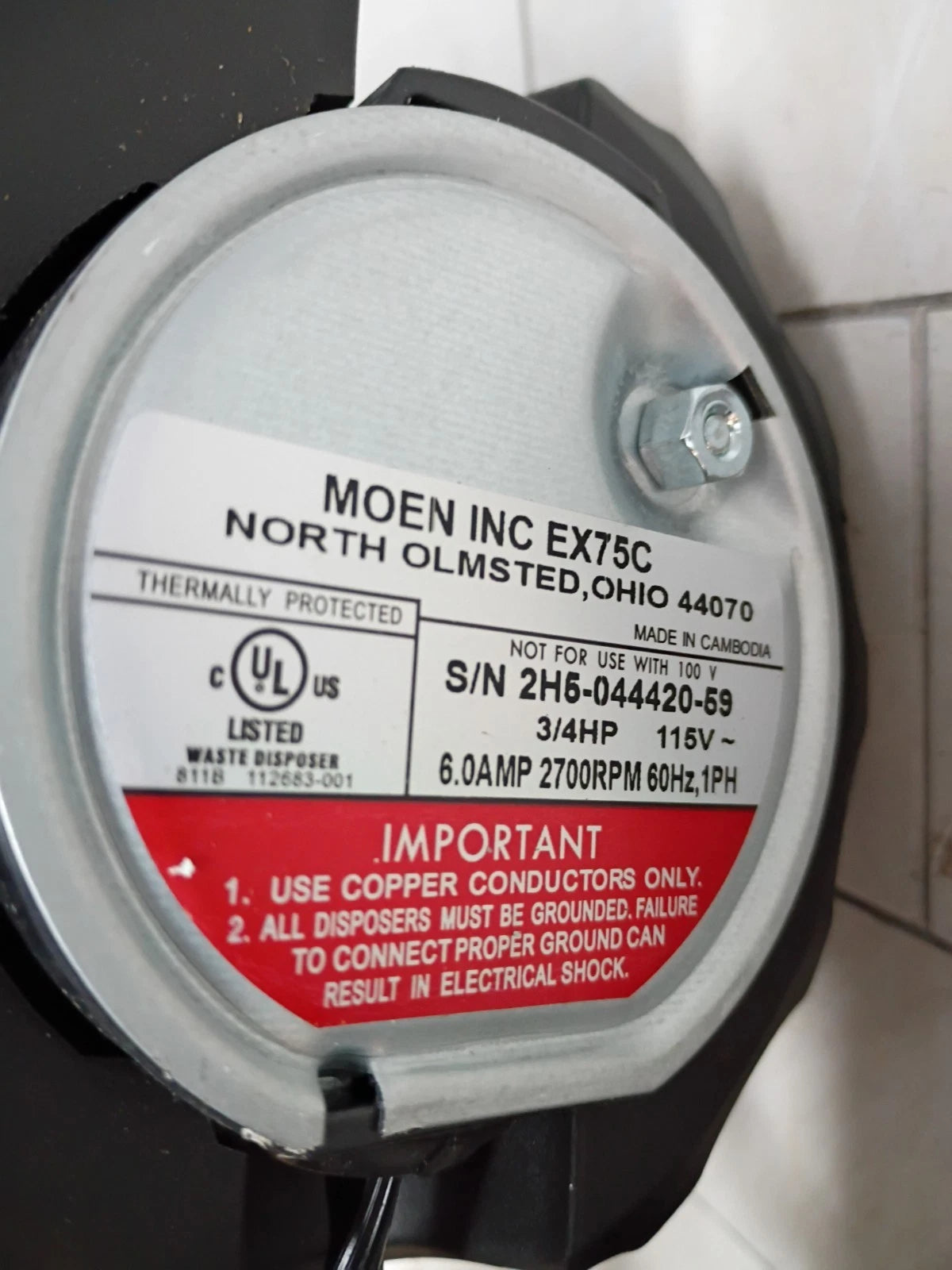 Moen Host 3/4hp Garbage Disposal New EX75c Continuous Feed Open Box
