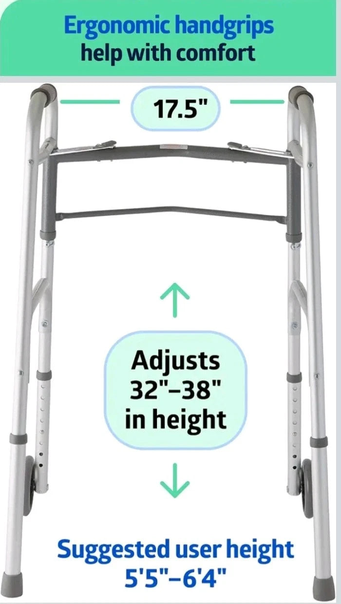 Medline Lightweight Two Button Folding Walker with 5" Wheels Open Box