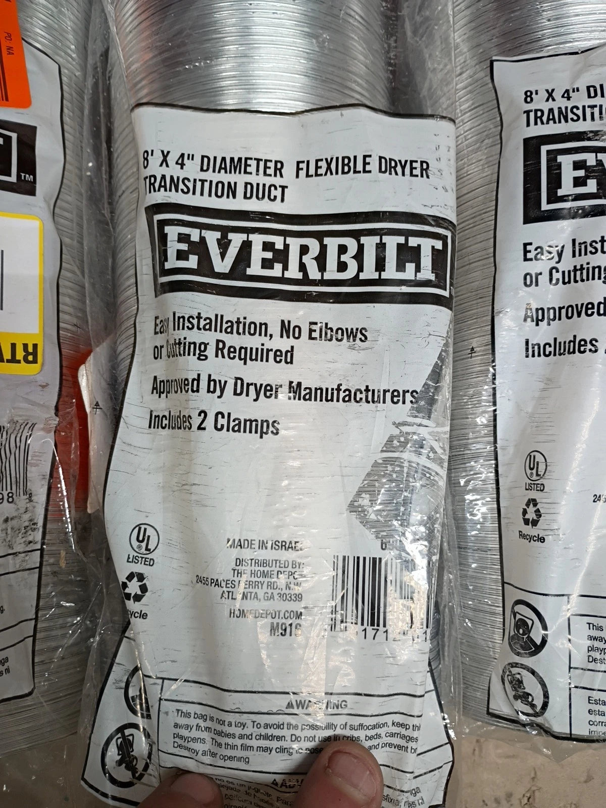 4pk Everbilt 8’ X 4” Diameter Flexible Dryer Transition Duct - Includes 2 Clamps