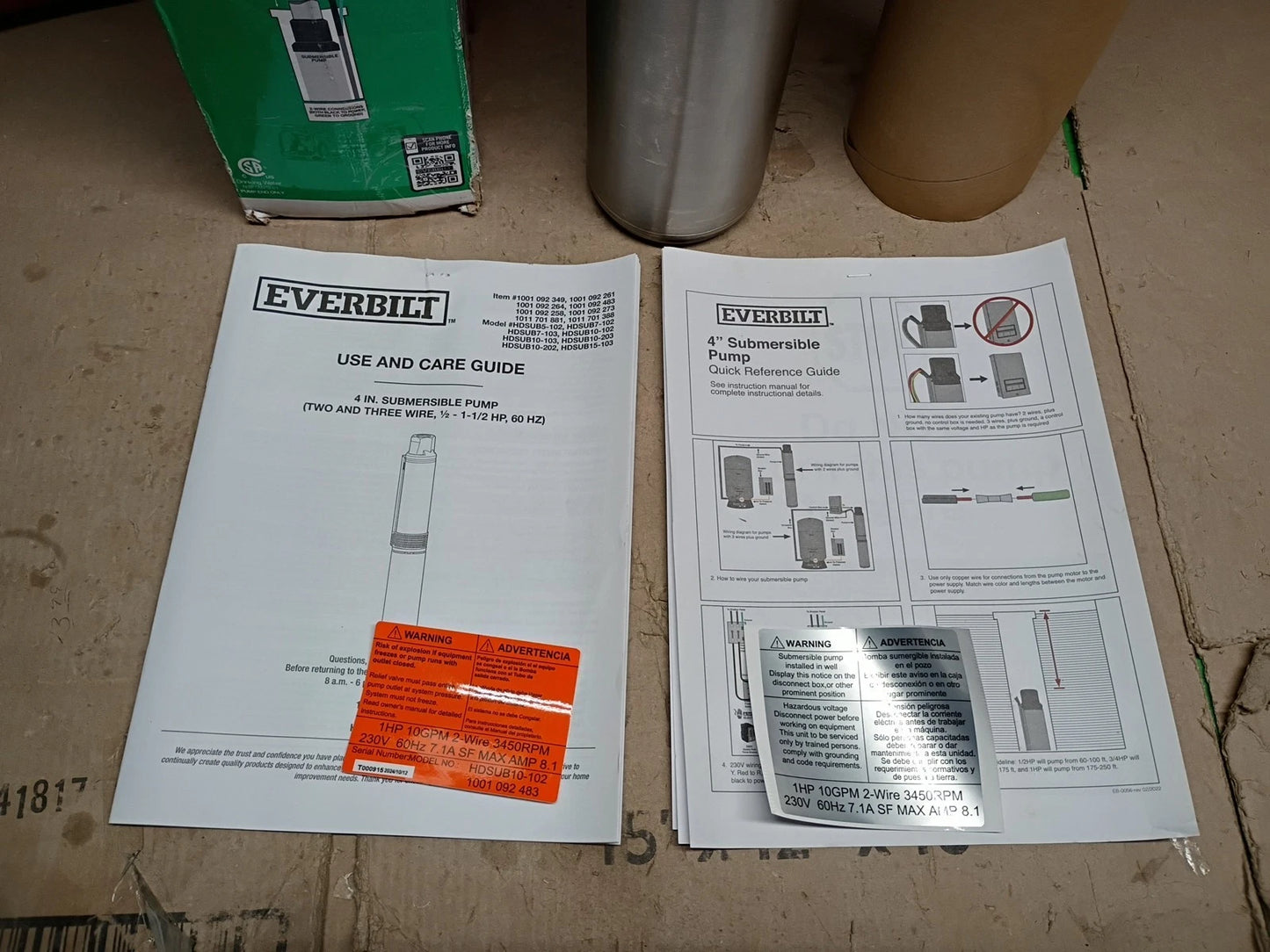 EVERBILT 1 HP HDSUB10-102 Deep Well Pump 4” Submersible 10 GPM 2 Wire 310’