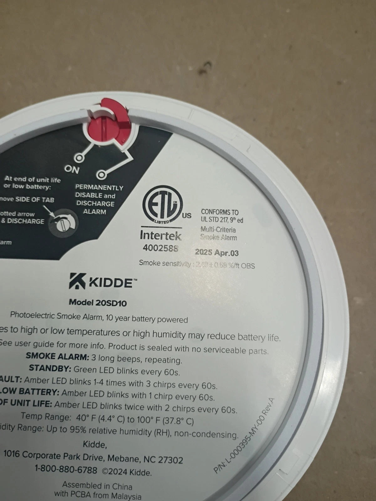 Kidde 20SD10 Smoke Alarm 10-Year Battery Photoelectric Detector White
