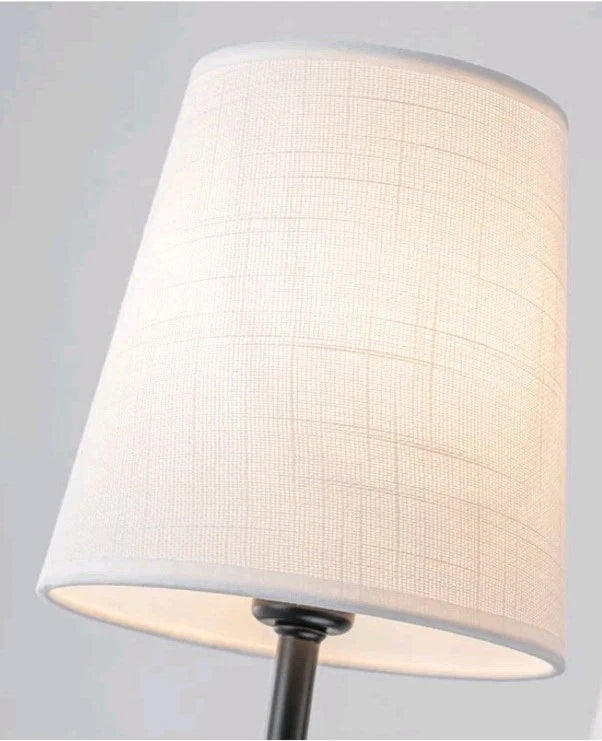 6 LIGHT BLACK W/ WHITE FABIC SHADES IRON CHANDELIER