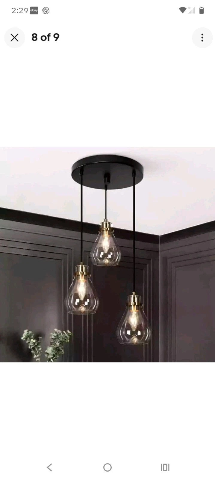Black and Brass Chandelier 3-Light Ceiling Light Teardrop Glass Shades A04780 OB