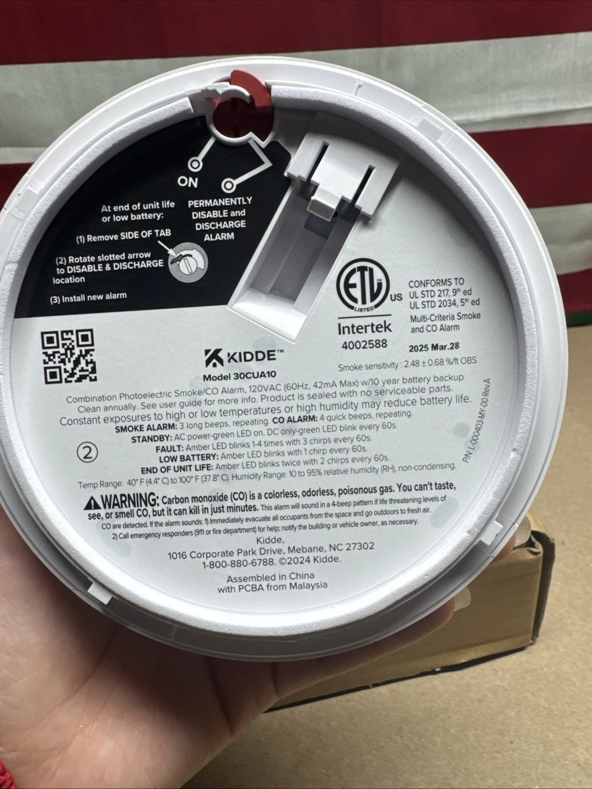Kidde Combination Photoelectric Smoke & Carbon Monoxide Alarm 30CUA10