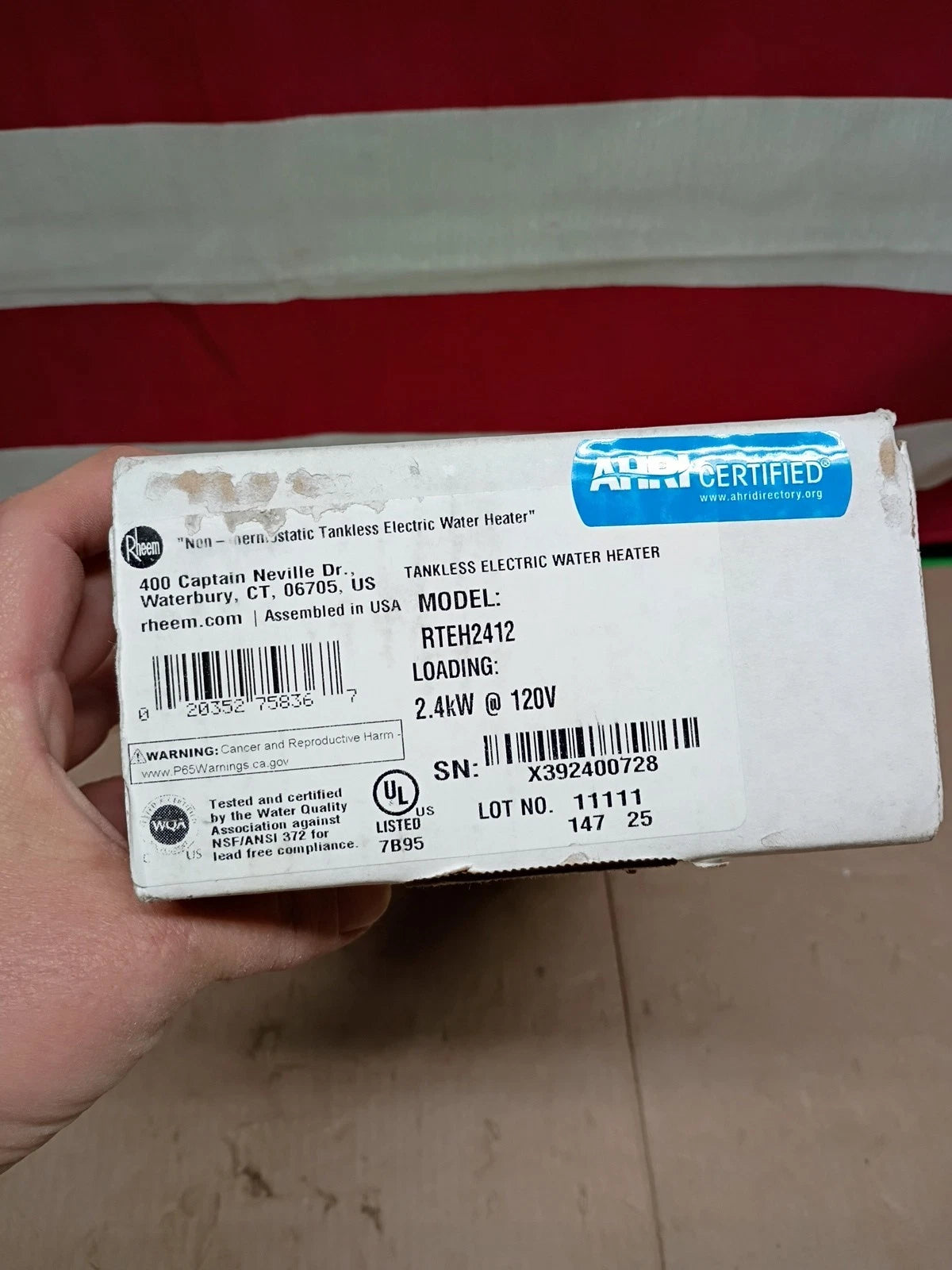 Rheem RTEH2412 2.4kW 120V Non-Thermostatic Tankless Water Heater Commercial NEW