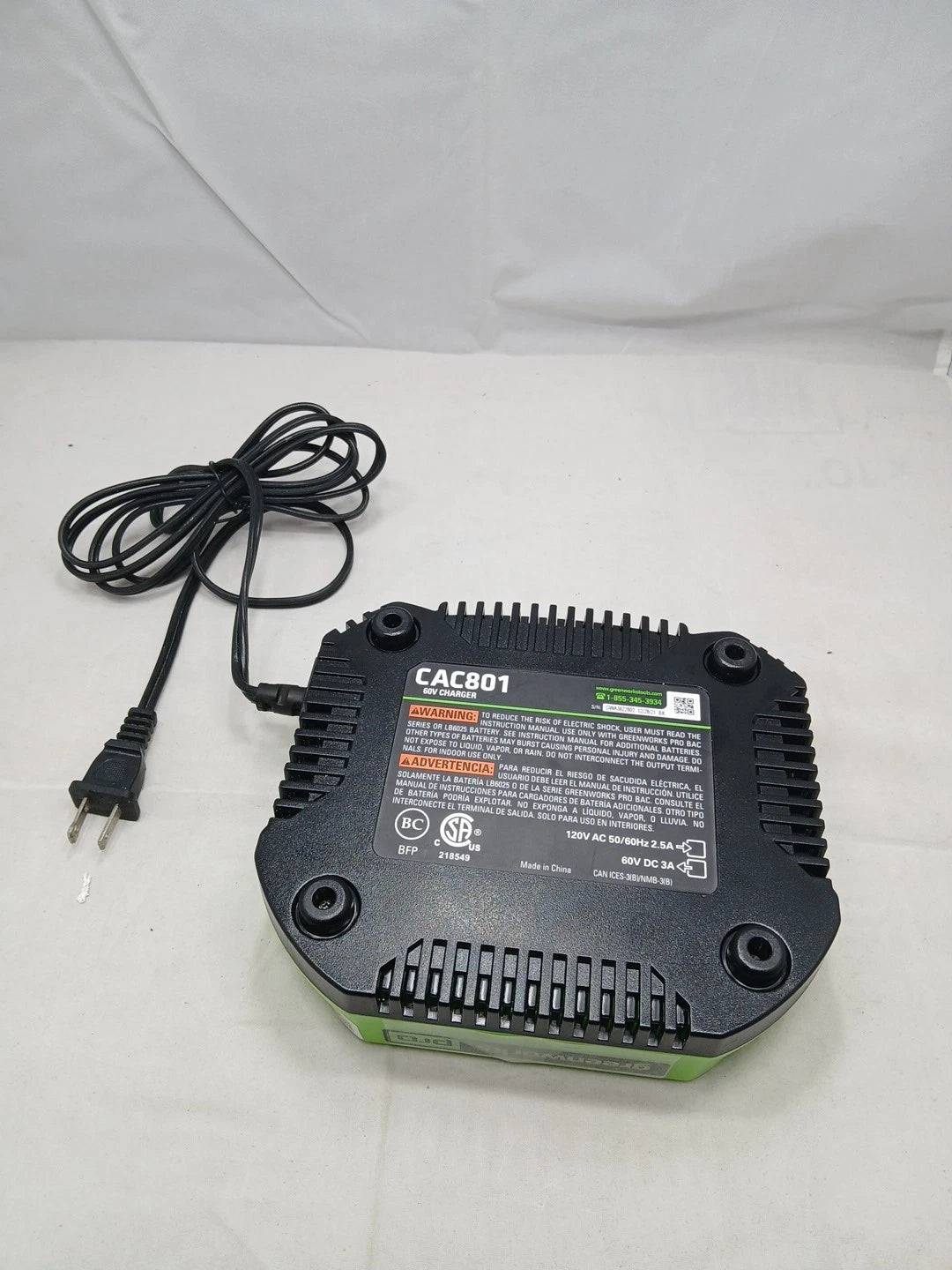Greenworks Pro 60v Ultrapower Lithium Battery Charger Model CAC801, New Open Box