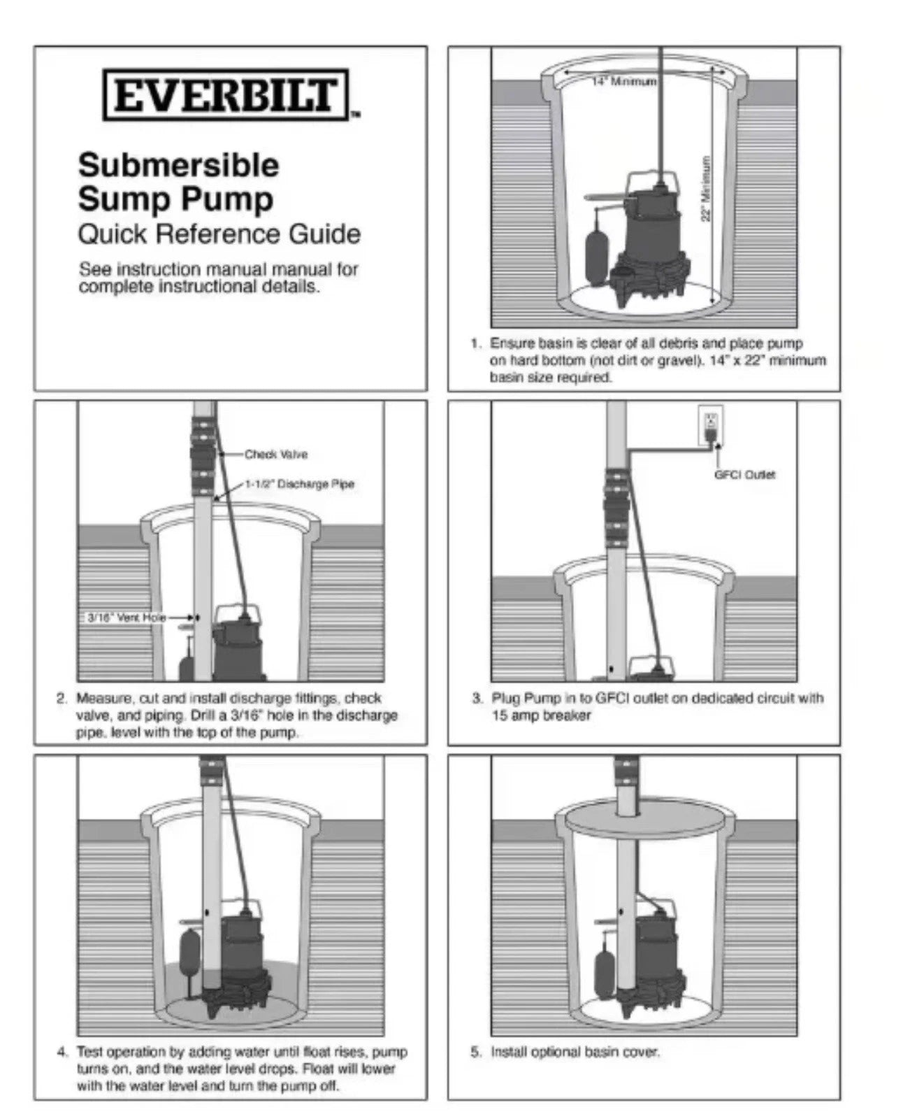 Everbilt 1/3 HP Cast Iron Submersible Sump Pump New-Open Box