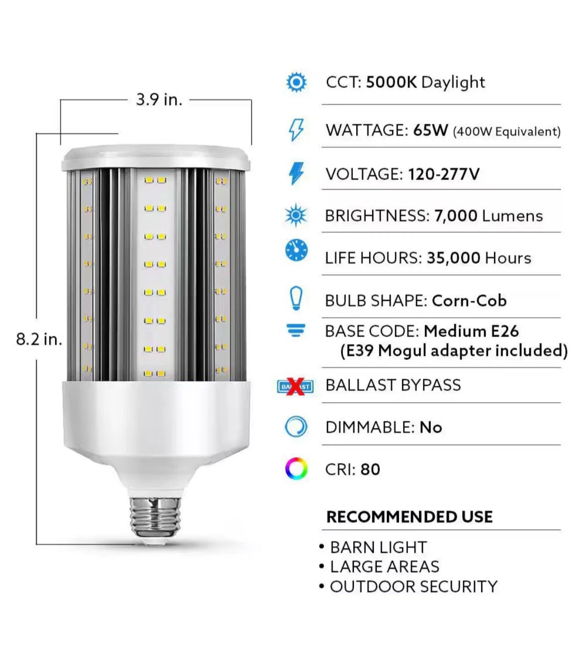 Feit Electric Corn Cob HID Utility LED Light Bulb High Lumen Daylight 5000K 40W