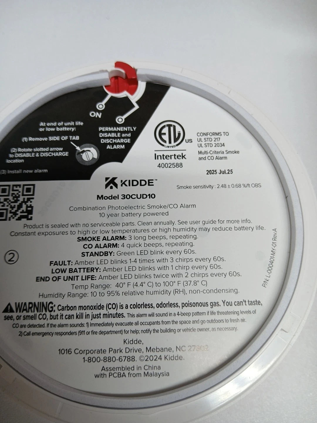 Kidde Smoke & CO Detector, 10-Year Battery. LED Warning Indicators 30CUD10