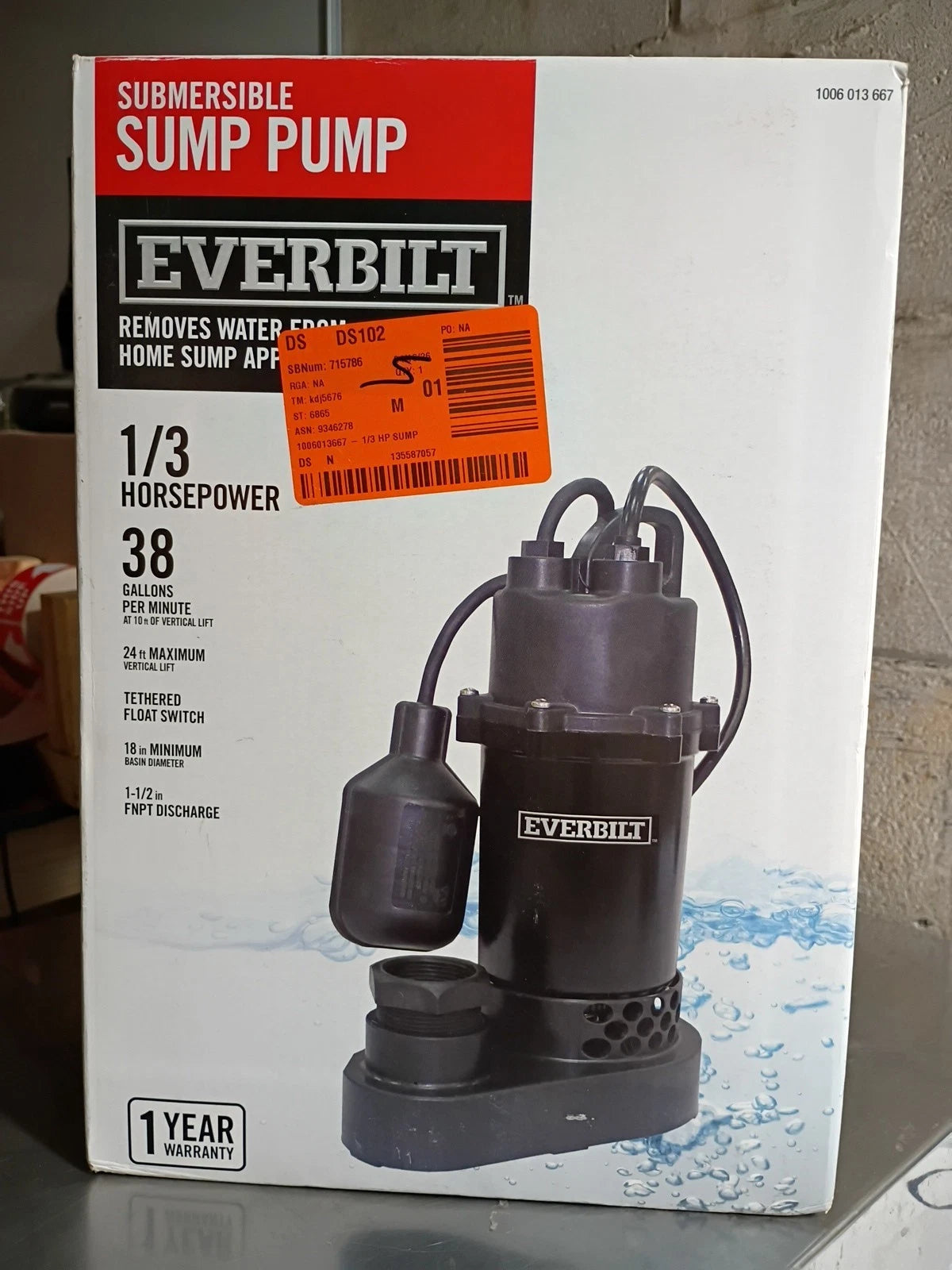 Everbilt HDSP33W 1/3 HP Corrosion Resistant Aluminum Sump Pump Tether Switch, OB