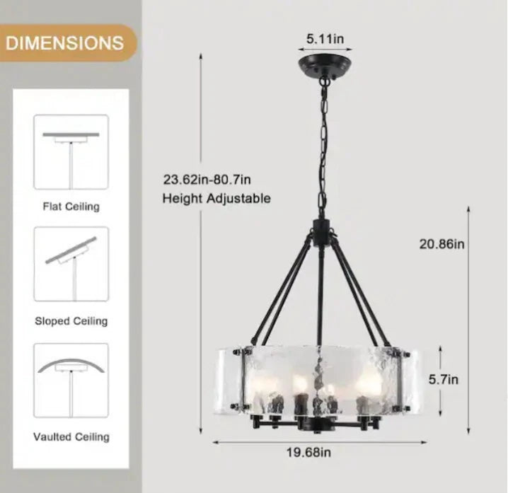 19.68 in. 6-Light Matte Black Drum Chandelier with Glass Shade and No Bulbs OB