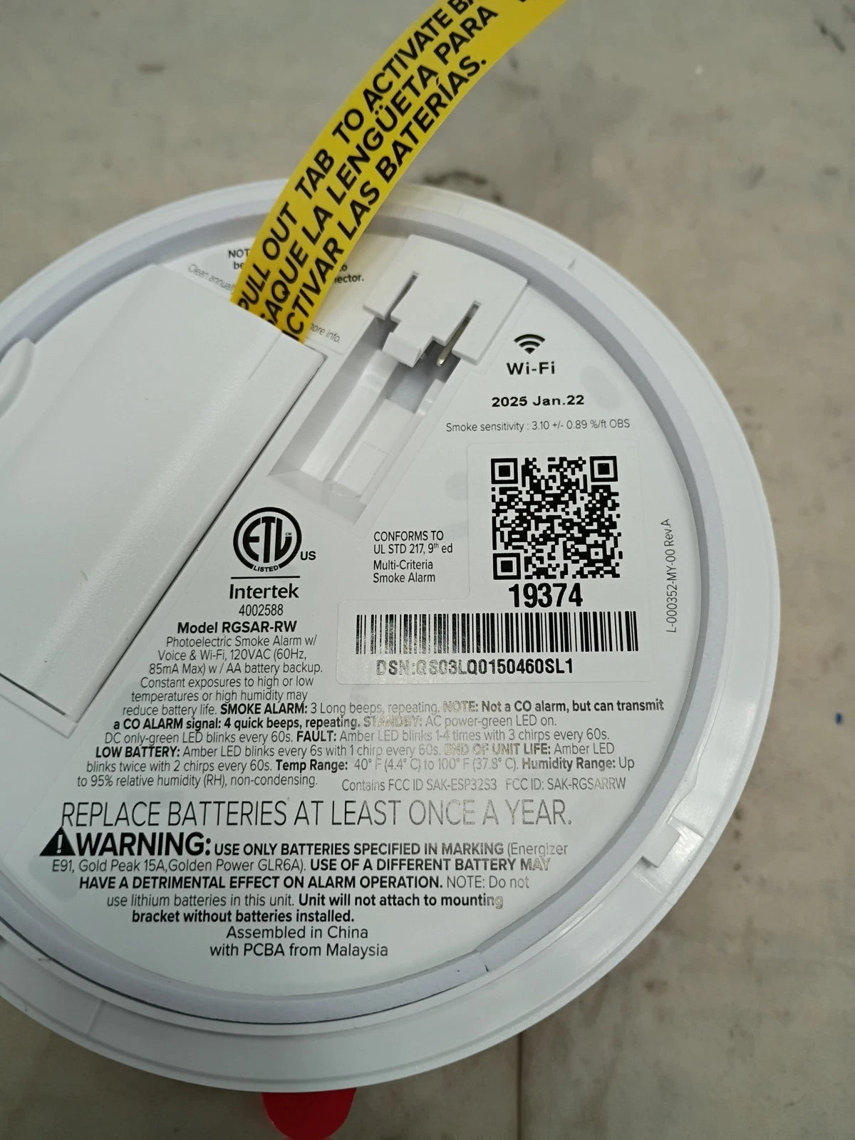 Kidde Smart WiFi Smoke Alarm Hardwired Ring Compatible RGSAR-RW AA Backup 120V